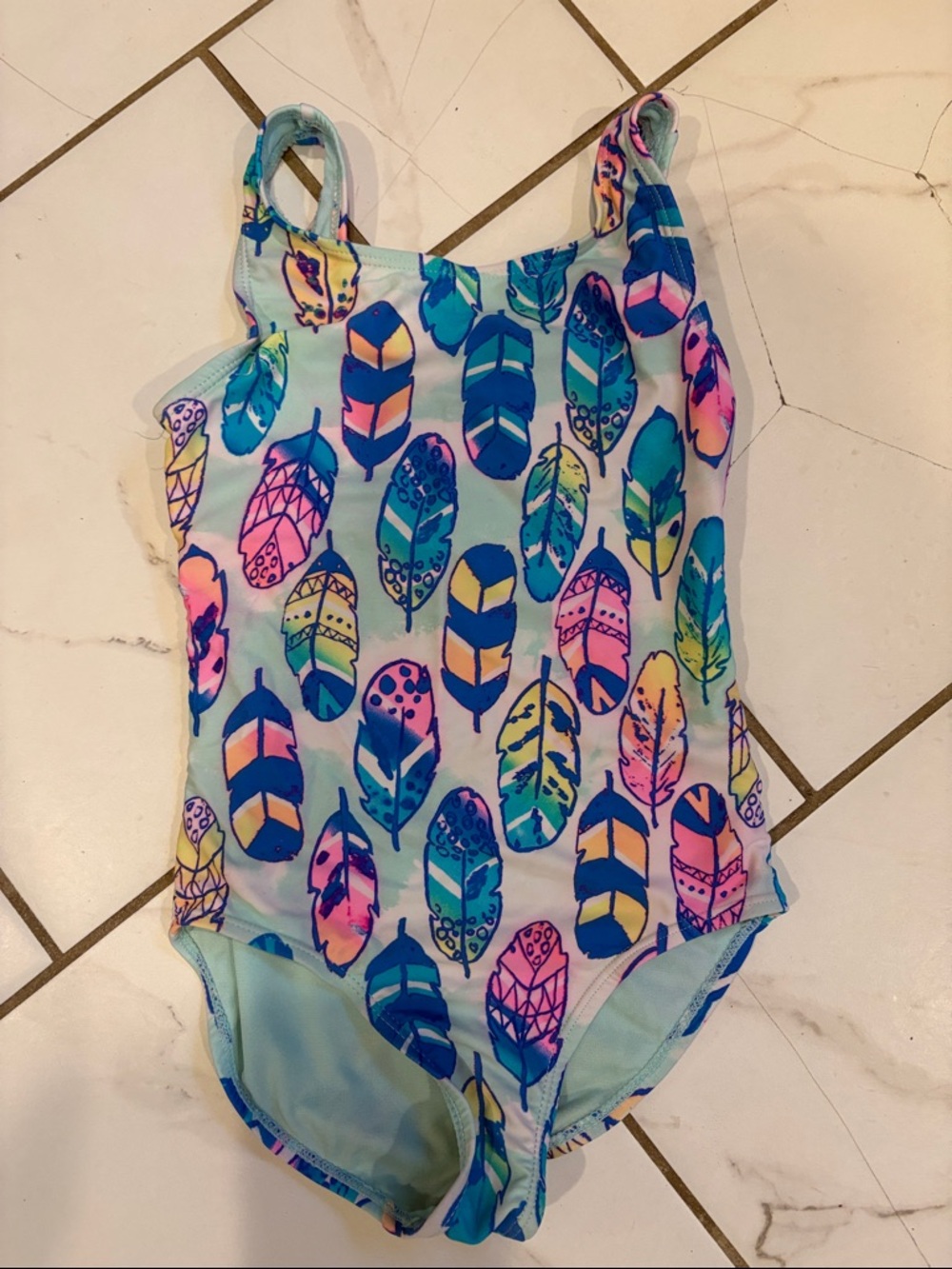 wonder nation Girls Light Blue One-Piece Swimsuit w/Multicolor Feather Print - 6